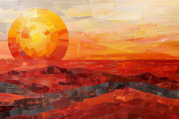A painting of a sun and ocean with a red and orange color scheme