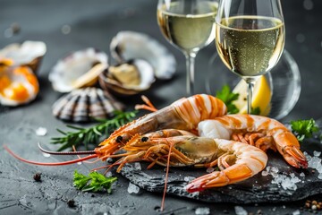 Seafood and white wine served on stone table