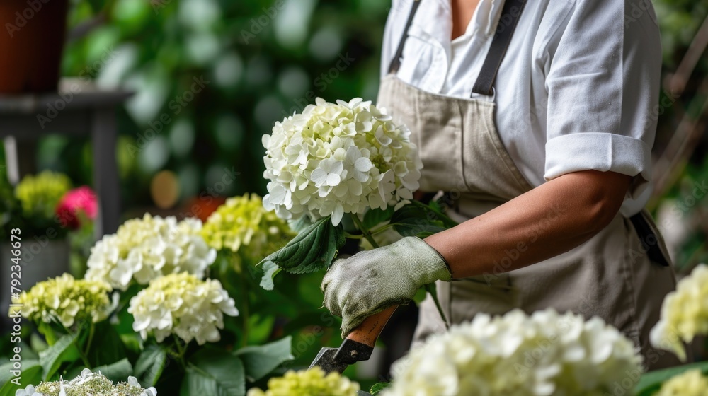 Poster woman is tending to garden of white flowers