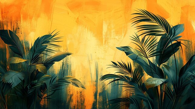 Watercolor, hand drawn plants, palm leaves, flowers. Modern art. Prints, wallpapers, posters, cards, murals.