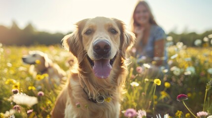 A dog owner smiling as they watch their dog romp through a field of flowers.