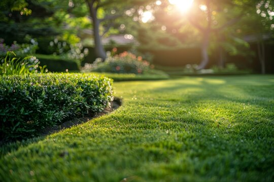 Smooth lawn of Bermuda grass with curved bushes and trees in a sunny garden
