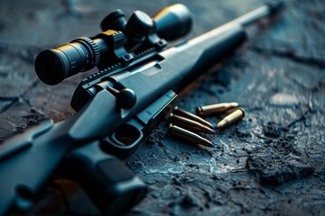 Sniper rifle with cartridges on dark background for long range shooting