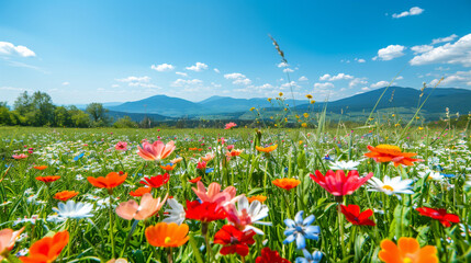 Wildflower Meadow, Vibrant meadow with a mix of wildflowers against a mountainous backdrop under a clear sky.