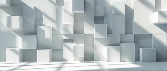 Simple 3D white blocks, clean shadows, minimalist art