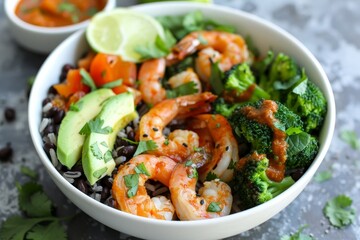 Spicy shrimp burrito bowl with healthy ingredients