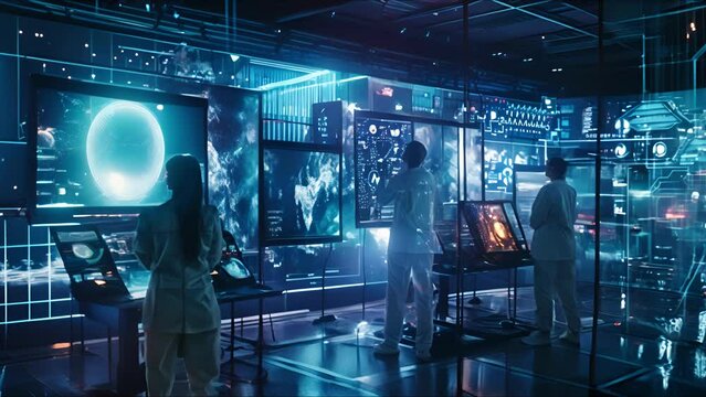 Data scientists work in a modern laboratory of a technology company on the development of a quantum computer. The concept of science, technology, machine learning, big data.