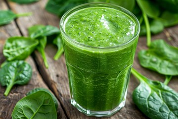 Spinach smoothie in a glass with fresh greens