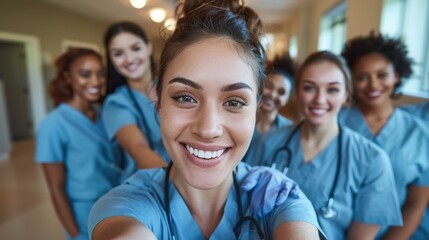 Fototapeta premium Unified Care: Group of Smiling Female Nurses Taking a Selfie Together in Hospital, Capturing Diversity and Professionalism