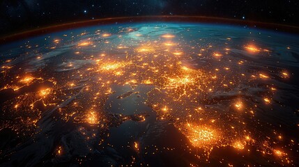 Naklejka premium Strands of light weave across continents, bridging distant lands and cultures, symbolizing the unifying power of technology in fostering global communication and collaboration.,art illustration