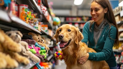 A dog owner shopping for toys and treats with their excited pup at a pet store.
