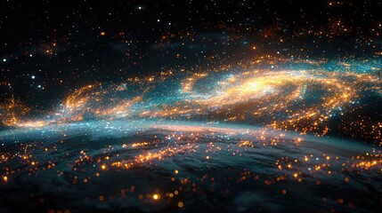 Digital galaxies orbit the Earth, connected by luminous filaments of data, representing the expansive reach of technology into every corner of the world. stock photo - obrazy, fototapety, plakaty