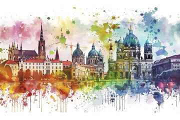Cultural landmarks around the world celebrated in vivid watercolor  - obrazy, fototapety, plakaty