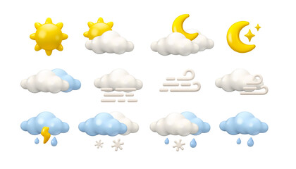 Weather forecast icon set. Vector 3d cartoon meteorology symbols. Sun, clouds and moon illustration isolated. Rainy, windy or foggy day