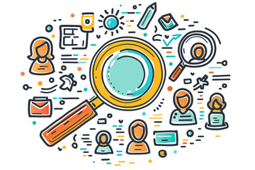 Fototapeta premium Customer Focus, Doodle of a magnifying glass focusing on a customer icon, emphasizing customer-centric business strategies