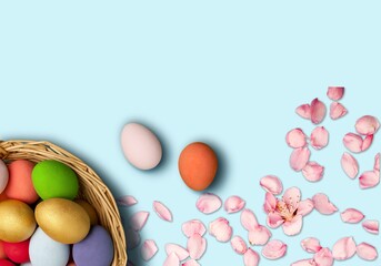 Easter Composition: colorful eggs, fresh flowers