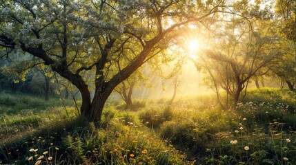 Beautiful summer landscape with sunbeams shining through the trees.