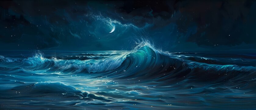 Minimalist ocean wave at night, moonlit water,