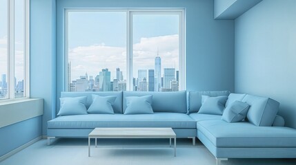 modern interior of soft sky blue color  sofa with clean soft sky blue color wall background and wooden table modern living room interior minimalist design with window view of city building sky line 