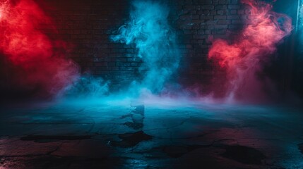 Mysterious red and blue smoke wafts across a cracked floor in a dark, atmospheric industrial setting.