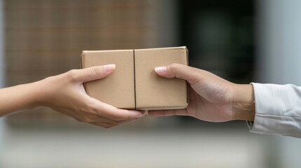 Close-up of two hands exchanging a plain cardboard box on a blurred background.