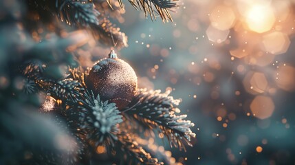 A glittering Christmas bauble hangs on a pine tree branch with a warm bokeh light background.