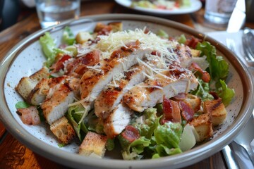 Delicious Chicken Caesar salad with romaine lettuce croutons grated parmesan bacon bits and grilled chicken breast