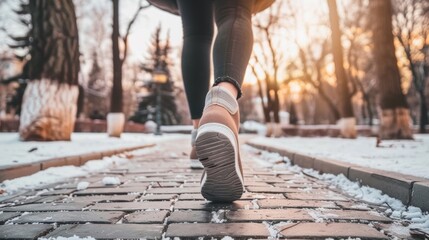 Close-up of feet jogging on a snow-covered pathway in a tranquil winter park at sunrise. - obrazy, fototapety, plakaty