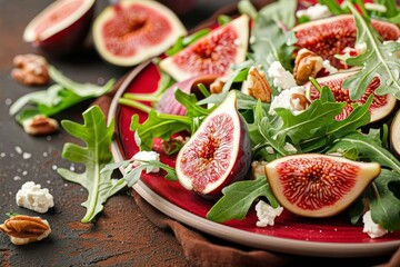 Delicious fig salad with goat cheese walnuts and arugula on red plate - obrazy, fototapety, plakaty