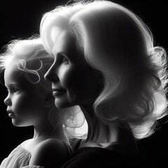 A white hair old grandmother hold her grandchild in profile portrait, with the rim light. black and white photography