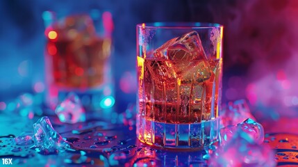Close-up of a whiskey glass with ice cubes on a vibrant blue and pink light background.