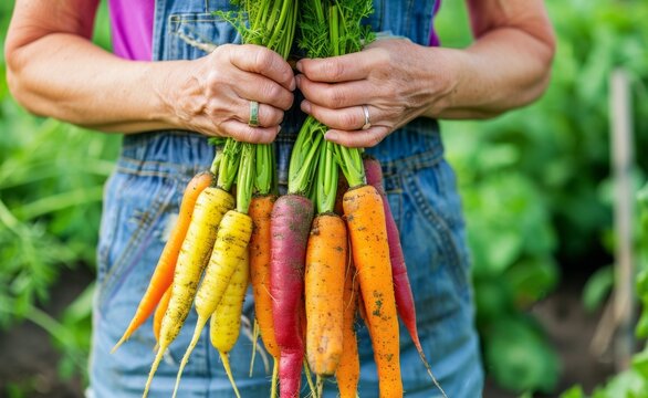 Farmer Holding a Freshly Harvested Rainbow Carrot Bunch in a Sunny Vegetable Garden