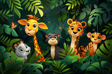 animal cartoon depictions of exotic creatures frolic amidst the lush greenery