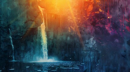 magical zen garden and waterfalls abstract illustration poster background