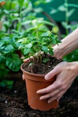 Hand Holding a Potted  Plant in a Garden During Daylight