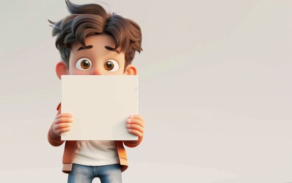 3D cartoon character holding a blank whiteboard, 3d rendering. Illustration for advertising