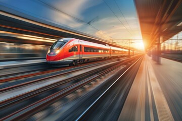 High speed intercity train on European railway platform at sunset in motion with motion blur effect Urban scene with railroad transportation - obrazy, fototapety, plakaty