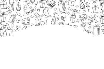 Hand drawn frame for birthday, party, with balloons, gifts, candies and cakes. Doodle illustration for the holiday.