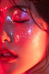 Close-Up Portrait of a Woman With Glitter Makeup Under Red Illumination
