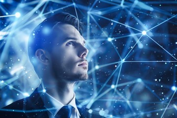Contemplative Businessman Surrounded by Cosmic Constellations Signifying Innovation and Strategy