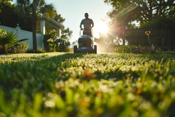 Male landscaper using gas lawn mower to cut residential backyard grass