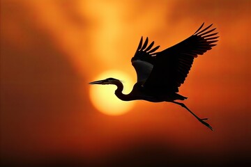 Obraz premium Heron Flying in The Sky at sunset