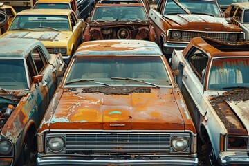 Many pre owned vehicles at the junkyard - obrazy, fototapety, plakaty