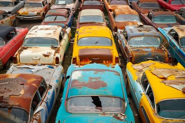 Many vintage vehicles in junkyard