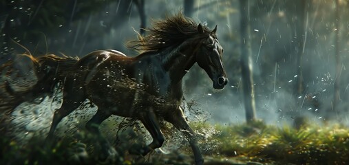 Horse Running From Storm Rain - obrazy, fototapety, plakaty