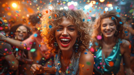 Lots of people dancing at an 80's style party with confetti. Have fun and enjoy life. nightlife
