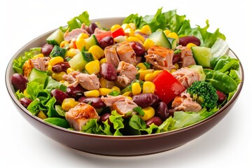 Mexican corn salad with tuna beans on white background