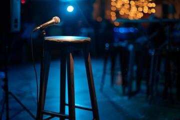 Mic on a wooden stool on comedy stage with reflectors high contrast image - obrazy, fototapety, plakaty