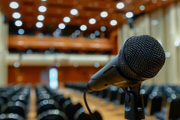Microphone in concert hall or conference room softly blurred for background