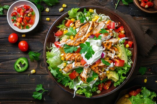 Mexican chicken taco salad with toppings served on a dark wood table